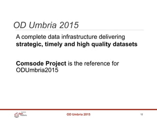 OD Umbria 2015
OD Umbria 2015 12
A complete data infrastructure delivering
strategic, timely and high quality datasets
Comsode Project is the reference for
ODUmbria2015
 