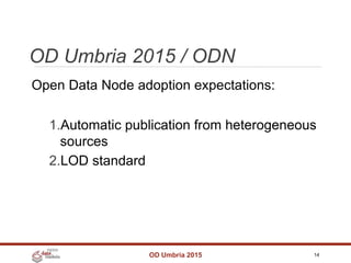 OD Umbria 2015 / ODN
OD Umbria 2015 14
Open Data Node adoption expectations:
1.Automatic publication from heterogeneous
sources
2.LOD standard
 