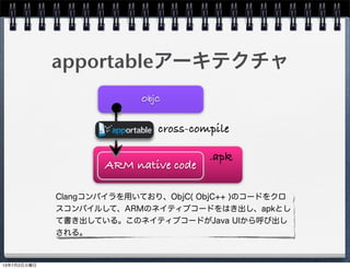 apportableアーキテクチャ
Clangコンパイラを用いており、ObjC( ObjC++ )のコードをクロ
スコンパイルして、ARMのネイティブコードをはき出し、apkとし
て書き出している。このネイティブコードがJava UIから呼び出し
される。
ARM native code
ObjC
cross-compile
.apk
13年7月2日火曜日
 