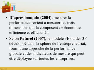 • D’après bouquin (2004), mesurer la
performance revient a mesurer les trois
dimensions qui la composent : « économie,
efficience et efficacité »
• Selon Paturel (2007), le modèle 3E ou des 3F
développé dans la sphère de l’entrepreneuriat,
fournit une approche de la performance
globale et des indicateurs de mesure qui peut
être déployée sur toutes les entreprises.
 