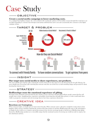 Case Study
              objective
Create a social media campaign to lower marketing costs.
As a catalogue-based gifting company, the costs associated with reaching the audience for the holiday seasons through direct mail pieces are
too high. Expanding it’s customer base through social media would therefore lower costs and economically drive customers to the digital
catalogue website.

              target & problem
                                   30-50               Follow brands on Social Media?      Reccomend a friend to follow?




                                                          73+27+H 63+37+H
             Upper-Middle Class
                      Exclusive
                  Cosmopolitan                                   73% said no                        63% said no
                      Educated
                        Married

                                   Women

                                                  How do they use Social Media?
                                                                        bla    bla
                                                                                                                          ?    ?


                   50                                                 44                                                39
                   50 Women                                           50 Women                                          50 Women

 To connect with friends/family To have random conversations To get opinions from peers
              insight
Our target uses social media to share experiences, not products.
The most valuable part of giving a gift is enjoying the reaction of the person who opens it; it’s not about giving the best gift. Likewise, the
most valuable part of receiving a gift is knowing that someone took time out of their lives to find something unique and personal. It’s about
knowing that someone cares.

              strategy
RedEnvelope owns the emotional experience of gifting.
Focusing on the emotional connection that the giver and the receiver experience through gifting will give people content that they will
actually want to share. Amplifying those experiences and publicly showcasing them through blogs, pictures, or video would make them
visible to prospective consumers and end encourage them to have those experiences themselves.

              creative idea
Reactions are Contagious.
When someone laughs, you laugh and you want to know the joke. When someone opens a gift and is completely ecstatic about it, their
happiness affects anyone watching. Capturing the moment when that emotion of opening a RedEnvelope gift comes to life and putting it
on display for the world to see is going to spread that moment of joy, but also encourage people to find the joy of RedEnvelope gifting.
themselves. RedEnvelope products are so incredibly unique that the emotional reaction of recieving one would not only be surprise, but
also attatchment and love.



                                                                      9
 