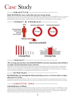 Case Study
               objective
 Make Red Bull the most culturally relevant energy drink.
 Having moved on from their campy cartoon advertisements, Red Bull’s latest campaign ‘The World of Red Bull’ has gone in a much more
 emotionally driven direction. It is now showcasing extreme sports athletes taking on death-defying stunts and street dancers in front of
 stadiums full of people, but the problem is that their audience does not relate to the activities that they see in the campaign.

               target & problem




                                                                          91+9+H 93+7+H
                                             18-24                  Like brands at sporting events?                     Like Extreme Sport Spokemen?

            Achievement Oriented
                 Attention Craving                                                  91% said no                                 93% said no
                       Self-Activist
              Lives In The Moment


                                        Millennials

                                                                  How do they use Red Bull?



                    91+89+85+82+30+27+25+20
                     Home On the Go
                                      Work   School
                                                                                                                                 Afternoon




                                                                                                  40+45+85+90+50+35
                                                                                                                         Noon

                                                                                                              Morning                        Evening

                                                                                              Early Morning
                                                      Bar   Gym                                                                                        Late Night
                                                                   Game
                                                                          Concert




                              In Average Places                                                                 At Average Times
               insight
 The average person does not drink Red Bull in extreme situations; they drink it
 to make normal situations more extreme.
 People relate to the product when used in practical situations instead of extreme situations. Extreme situations like base jumping don’t
 require the use of an energy drink to boost adrenaline; when jumping off of a cliff thousands of feet from the ground, your body goes
 ahead and generates adrenaline for you. On the other hand, waking up in the morning, sitting in a cubicle for nine hours, or staring at a
 book in a quiet library during finals is a mental depressant and needs that extra energy boost.

               strategy
 Red Bull helps you through the daily grind that you have to do in order to enjoy
 what you love to do.
 Most people are not professional skydivers or DJs, but if you have the energy and motivation to get through what you have to do in the
 daily grind, you’ll be able to pursue your dreams on your spare time, and maybe one day be one of the lucky few that does it for a living.


               creative idea
 A Red Bull State of Mind.
 The never-ending daily grind can be so draining that sometimes people lose side of what their life goals really are. Red Bull has to inspire
 people to persevere and help them believe in the payoff of following their dreams. Showcasing these athletes in a more relatable setting,
 pushing through the daily grind before actually jumping off cliffs would chronologically tie the entire campaign together and dig much
 deeper into what it truly means to follow your dreams and the hard work that it takes to reach them.


                                                                                       7
 
