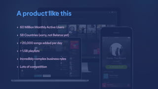 A product like this
‣ 60MillionMonthlyActiveUsers
‣ 58Countries(sorry,notBelarusyet)
‣ >20,000songsaddedperday
‣ >1.5Bplaylists
‣ Incrediblycomplexbusinessrules
‣ Lotsofcompetition
 