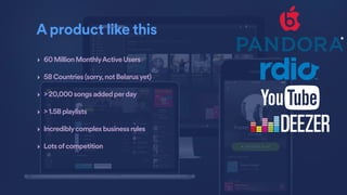 A product like this
‣ 60MillionMonthlyActiveUsers
‣ 58Countries(sorry,notBelarusyet)
‣ >20,000songsaddedperday
‣ >1.5Bplaylists
‣ Incrediblycomplexbusinessrules
‣ Lotsofcompetition
 