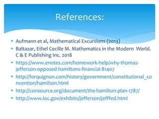 References:
 Aufmann et al, Mathematical Excursions (2013)
 Baltazar, Ethel Cecille M. Mathematics in the Modern World.
C & E Publishing Inc. 2018
 https://www.enotes.com/homework-help/why-thomas-
jefferson-opposed-hamiltons-financial-81407
 http://forquignon.com/history/government/constitutional_co
nvention/hamilton.html
 http://consource.org/document/the-hamilton-plan-1787/
 http://www.loc.gov/exhibits/jefferson/jefffed.html
 