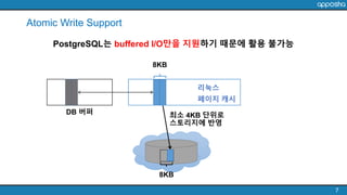 Atomic Write Support
7
PostgreSQL는 buffered I/O만을 지원하기 때문에 활용 불가능
8KB
최소 4KB 단위로
스토리지에 반영
리눅스
페이지 캐시
DB 버퍼
8KB
 