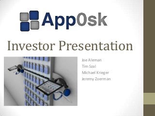 Investor Presentation
Joe Aleman
Tim Szal
Michael Krieger
Jeremy Zoerman

 