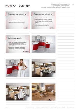 ©2012 Alexandre Keese | Proibida a reprodução parcial ou total sem autorização por escrito do autor | alekeese@dtp.com.br06/2012
Dominando o Photoshop CS6   11
Instrutor: alexandre keese 11
dtp.com.br | photopro.com.br | photoshopconference.com.br 11
©2012 Alexandre Keese > alekeese@photopro.com.br
Quem nasce primeiro?
> Ovo ou a galinha?
> Traduzindo: pessoa, produto ou fundo?
©2012 Alexandre Keese > alekeese@photopro.com.br
Quem nasce primeiro?
> Ideia! Ela, sim, é a primeira!
> Pode surgir durante a captura da imagem.
> Ela pode surgir quando observamos uma
imagem.
> A qualquer momento ou situação.
> É sempre bom buscar referências.
©2012 Alexandre Keese > alekeese@photopro.com.br
Vamos por parte
> Fazer uma fusão de corpo inteiro pode ser
um grande desafio, por isso, comece
trabalhando com partes da imagem para
ganhar habilidade.
> Essa técnica também vai dar velocidade
para aqueles trabalhos mais urgentes.
©2012 Alexandre Keese > alekeese@photopro.com.br
> Imagem ilustrando
©2012 Alexandre Keese > alekeese@photopro.com.br
> Imagem ilustrando
©2012 Alexandre Keese > alekeese@photopro.com.br
> Imagem ilustrando
©2012 Alexandre Keese > alekeese@photopro.com.br
> Imagem ilustrando
©2012 Alexandre Keese > alekeese@photopro.com.br
> Imagem ilustrando
 