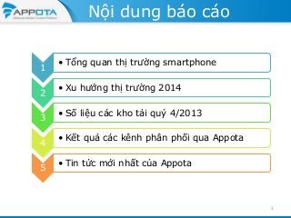 Nội dung báo cáo

1
2
3
4
5

• Tổng quan thị trường smartphone

• Xu hướng thị trường 2014
• Số liệu các kho tải quý 4/2013
• Kết quả các kênh phân phối qua Appota
• Tin tức mới nhất của Appota

3

 