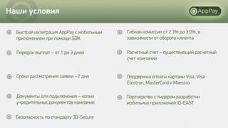 Наши условия
Быстрая интеграция AppPay с мобильным
приложением при помощи SDK
Сроки рассмотрения заявки - 2 дня
Документы для подключения – копии
учредительных документов компании
Расчетный счет – существующий расчетный
счет компании
Гибкая комиссии от 2.3% до 3.0%, в
зависимости от оборота клиента
Порядок выплат – от 1 до 3 дней
Поддержка оплаты картами Visa, Visa
Electron, MasterCard и Maestro
Безопасность по стандарту 3D-Secure
Партнерство с лидером разработки
мобильных приложений ID-EAST
 