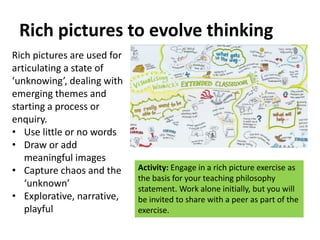 Rich pictures to evolve thinking
Rich pictures are used for
articulating a state of
‘unknowing’, dealing with
emerging themes and
starting a process or
enquiry.
• Use little or no words
• Draw or add
meaningful images
• Capture chaos and the
‘unknown’
• Explorative, narrative,
playful
Activity: Engage in a rich picture exercise as
the basis for your teaching philosophy
statement. Work alone initially, but you will
be invited to share with a peer as part of the
exercise.
 