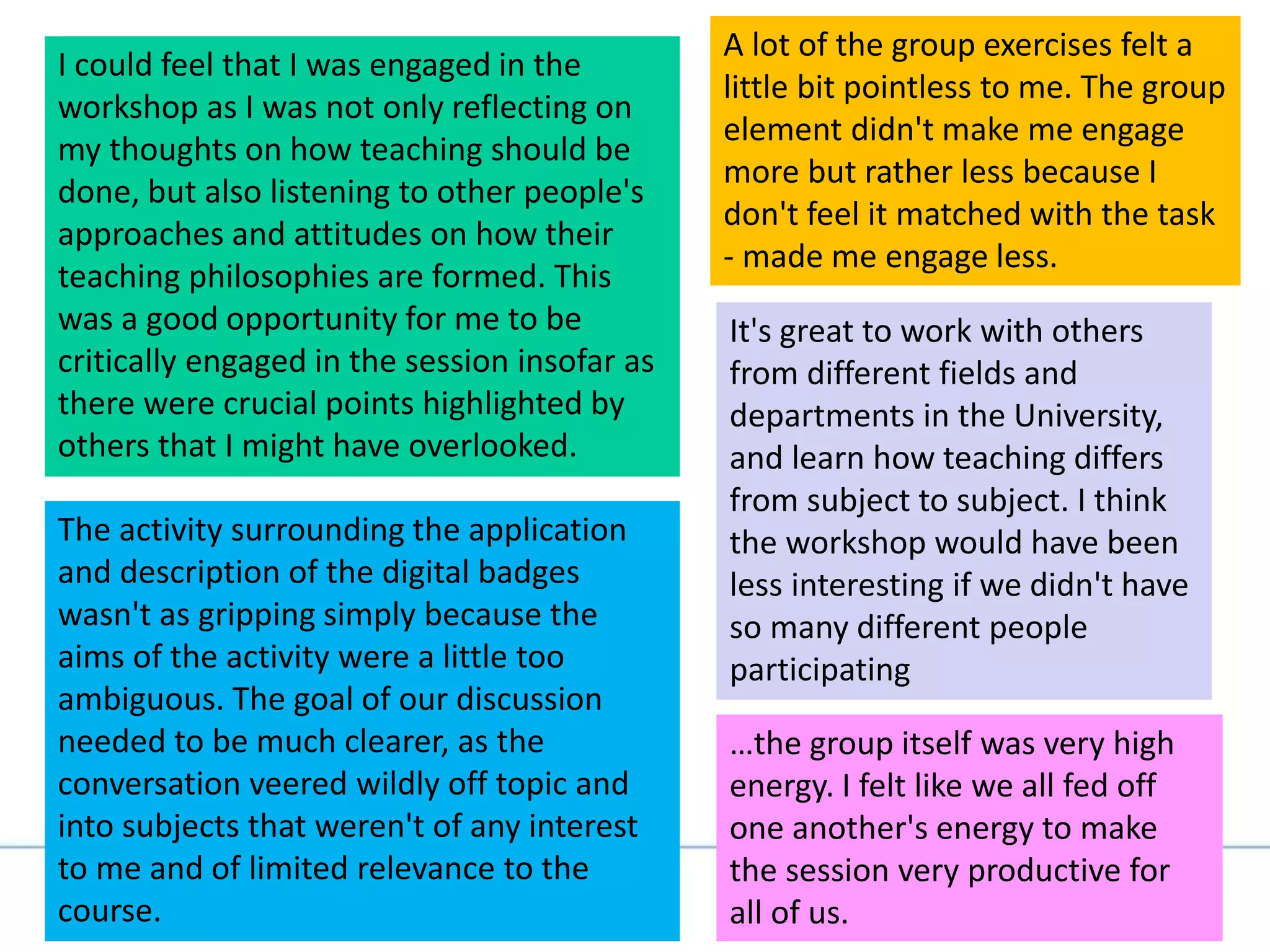 I could feel that I was engaged in the
workshop as I was not only reflecting on
my thoughts on how teaching should be
done, but also listening to other people's
approaches and attitudes on how their
teaching philosophies are formed. This
was a good opportunity for me to be
critically engaged in the session insofar as
there were crucial points highlighted by
others that I might have overlooked.
A lot of the group exercises felt a
little bit pointless to me. The group
element didn't make me engage
more but rather less because I
don't feel it matched with the task
- made me engage less.
The activity surrounding the application
and description of the digital badges
wasn't as gripping simply because the
aims of the activity were a little too
ambiguous. The goal of our discussion
needed to be much clearer, as the
conversation veered wildly off topic and
into subjects that weren't of any interest
to me and of limited relevance to the
course.
It's great to work with others
from different fields and
departments in the University,
and learn how teaching differs
from subject to subject. I think
the workshop would have been
less interesting if we didn't have
so many different people
participating
…the group itself was very high
energy. I felt like we all fed off
one another's energy to make
the session very productive for
all of us.
 
