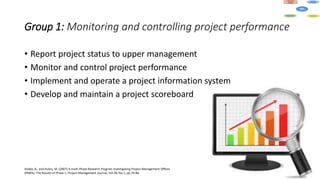 Group 1: Monitoring and controlling project performance
• Report project status to upper management
• Monitor and control project performance
• Implement and operate a project information system
• Develop and maintain a project scoreboard
Hobbs, B., and Aubry, M. (2007) A multi-Phase Research Program Investigating Project Management Offices
(PMOs): The Results of Phase 1, Project Management Journal, Vol.38, No.1, pp.74-86.
 