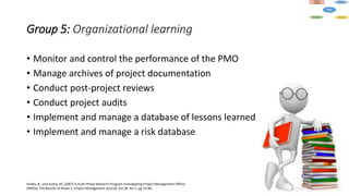 Group 5: Organizational learning
• Monitor and control the performance of the PMO
• Manage archives of project documentation
• Conduct post-project reviews
• Conduct project audits
• Implement and manage a database of lessons learned
• Implement and manage a risk database
Hobbs, B., and Aubry, M. (2007) A multi-Phase Research Program Investigating Project Management Offices
(PMOs): The Results of Phase 1, Project Management Journal, Vol.38, No.1, pp.74-86.
 