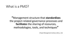What is a PMO?
“Management structure that standardizes
the project-related governance processes and
facilitates the sharing of resources,
methodologies, tools, and techniques”
(Project Management Institute, 2013, p. 10)
 