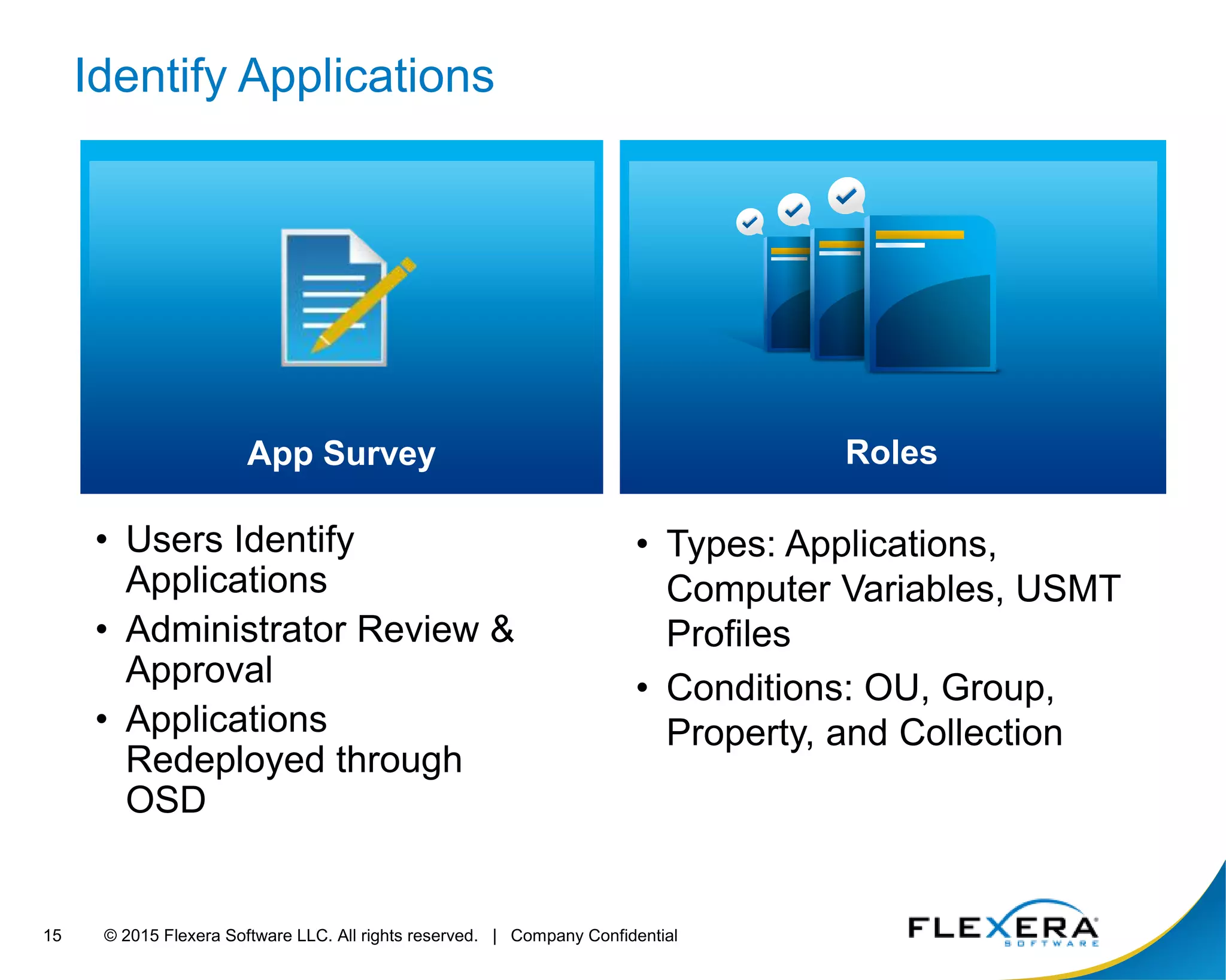© 2015 Flexera Software LLC. All rights reserved. | Company Confidential15
Identify Applications
• Users Identify
Applications
• Administrator Review &
Approval
• Applications
Redeployed through
OSD
• Types: Applications,
Computer Variables, USMT
Profiles
• Conditions: OU, Group,
Property, and Collection
App Survey Roles
 