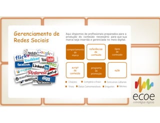 Gerenciamento de
Redes Sociais
Aqui dispomos de profissionais preparados para a
produção do conteúdo necessário para que sua
marca seja inserida e gerenciada no meio digital.
referências
de
conteúdo
ação
script
de
conteúdo
comportamento
de
marca
tipos
de
conteúdo
programa
de
promoção
Citações Complete a frase
Trívia Datas Comemorativas
Concursos culturais
Enquetes Memes
.. .. .. .
 