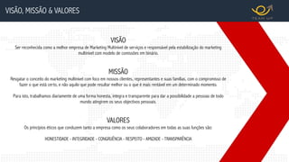 VISÃO, MISSÃO & VALORES
VISÃO
Ser reconhecida como a melhor empresa de Marketing Multinível de serviços e responsável pela estabilização do marketing
multinível com modelo de comissões em binário.
MISSÃO
Resgatar o conceito do marketing multinível com foco em nossos clientes, representantes e suas famílias, com o compromisso de
fazer o que está certo, e não aquilo que pode resultar melhor ou o que é mais rentável em um determinado momento.
Para isto, trabalhamos diariamente de uma forma honesta, integra e transparente para dar a possibilidade a pessoas de todo
mundo atingirem os seus objectivos pessoais.
VALORES
Os princípios éticos que conduzem tanto a empresa como os seus colaboradores em todas as suas funções são:
HONESTIDADE - INTEGRIDADE - CONGRUÊNCIA - RESPEITO - AMIZADE - TRANSPARÊNCIA
 