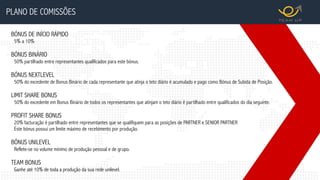 PLANO DE COMISSÕES
BÓNUS DE INÍCIO RÁPIDO
5% a 10%
BÓNUS BINÁRIO
50% partilhado entre representantes qualificados para este bónus.
BÓNUS NEXTLEVEL
50% do excedente de Bonus Binário de cada representante que atinja o teto diário é acumulado e pago como Bónus de Subida de Posição.
LIMIT SHARE BONUS
50% do excedente em Bonus Binário de todos os representantes que atinjam o teto diário é partilhado entre qualificados do dia seguinte.
PROFIT SHARE BONUS
20% facturação é partilhado entre representantes que se qualifiquem para as posições de PARTNER e SENIOR PARTNER
Este bónus possui um limite máximo de recebimento por produção.
BÓNUS UNILEVEL
Reflete-se no volume mínimo de produção pessoal e de grupo.
TEAM BONUS
Ganhe até 10% de toda a produção da sua rede unilevel.
 