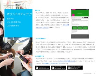 アプリ公開後のプロモーション //

告知する

オウンドメディア //
告知する
リンクを用意する
ロゴを使用する

新しいアプリは、自社の Web サイト、ブログ、Facebook
ページで大きく人目を引きつける告知が必要です。そのた
め、マイクロソフトでは、アプリの告知に使用する電子メー
ル告知テンプレートをいくつか用意しています。このテンプ
レートに美しいスクリーンショットと説得力のある告知文を
添えて、友達、家族や熱心なファンに送ります。こちらの電
子メール テンプレートを参照してください。

リンクを用意する
新しいアプリをユーザーが簡単に見つけられるように、アプリを一覧する Windows ストアや Web 上のペ
ージにアプリへのリンクを用意します。用意したリンクは、電子メールの署名に添えたり、ツイートした
り、リンクを QR コードにしたりして広めます。また、Facebook ページの作成も考えます。リンクの効果
について、しっかりと理解してください。リンクを作成するときは、Windows ストアや Windows Phone
ストアで認可を受けたことを示すバッジを使用するようにします。
ロゴを使用する
アプリのプロモーションを行い、アプリの信頼性を示すために、マイクロソフトが用意したロゴを使用し
ます。アプリ プロモーション キットのマイクロソフトが用意したロゴにアクセスして、ダウンロードして
ください。※日本語版はこちらからダウンロードできます。

アプリのプロモーション

23

 