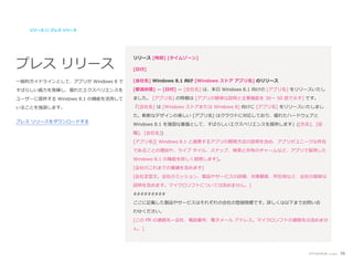 リソース // プレス リリース

プレス リリース

リリース [時刻] [タイムゾーン]

一般的ガイドラインとして、アプリが Windows 8 で

[会社名] Windows 8.1 向け [Windows ストア アプリ名] のリリース

すばらしい威力を発揮し、優れたエクスペリエンスを

[都道府県] — [日付] — [会社名] は、本日 Windows 8.1 向けの [アプリ名] をリリースいたし

ユーザーに提供する Windows 8.1 の機能を活用して

ました。 [アプリ名] の特徴は [アプリの簡単な説明と主要機能を 30～ 50 語で示す] です。

いることを強調します。

「[会社名] は [Windows ストアまたは Windows 8] 向けに [アプリ名] をリリースいたしまし

[日付]

た。斬新なデザインの美しい [アプリ名] はクラウドに対応しており、優れたハードウェアと
プレス リリースをダウンロードする

Windows 8.1 を強固な基盤として、すばらしいエクスペリエンスを提供します」([氏名]、[役
職]、[会社名])
[アプリ名][ Windows 8.1 と連携するアプリの開発方法の説明を含め、アプリがユニークな存在
であることの理由や、ライブ タイル、スナップ、検索と共有のチャームなど、アプリで採用した
Windows 8.1 の機能を詳しく説明します]。
[会社のこれまでの業績を含めます]
[会社定型文。会社のミッション、製品やサービスの詳細、対象顧客、所在地など、会社の簡単な
説明を含めます。マイクロソフトについては含めません。]
#########
ここに記載した製品やサービスはそれぞれの会社の登録商標です。詳しくは以下までお問い合
わせください。
[この PR の連絡先—会社、電話番号、電子メール アドレス。マイクロソフトの連絡先は含めませ
ん。]

アプリのプロモーション

56

 