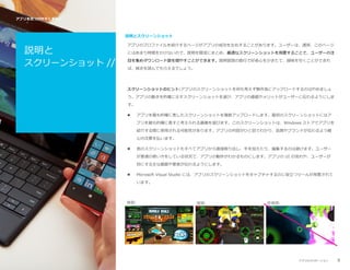 アプリを見つけやすくする//

説明とスクリーンショット

説明と

スクリーンショット //

アプリのプロファイルを紹介するページがアプリの成功を左右することがあります。ユーザーは、通常、このページ
にはあまり時間をかけないので、説明を簡潔にまとめ、最適なスクリーンショットを用意することで、ユーザーの注
目を集めダウンロード数を増やすことができます。説明冒頭の数行で好奇心をかきたて、興味を引くことができれ
ば、続きを読んでもらえるでしょう。

l
スクリーンショットのヒント:アプリのスクリーンショットを何も考えず無作為にアップロードするのはやめましょ
う。アプリの動きを的確に示すスクリーンショットを選び、アプリの価値やメリットがユーザーに伝わるようにしま
す。


アプリを最も的確に表したスクリーンショットを複数アップロードします。最初のスクリーンショットにはア
プリを最も的確に表すと考えられる画像を選びます。このスクリーンショットは、Windows ストアでアプリを
紹介する際に使用される可能性があります。アプリの内容がひと目でわかり、品質やブランドが伝わるよう細
心の注意を払います。



他のスクリーンショットもすべてアプリから直接取り出し、手を加えたり、編集するのは避けます。ユーザー
が普通の使い方をしている状況で、アプリの動作がわかるものにします。アプリの UI の流れや、ユーザーが
目にする主な画面や要素が伝わるようにします。



Microsoft Visual Studio には、アプリのスクリーンショットをキャプチャするのに役立つツールが用意されて
います。

推奨:

推奨:

非推奨:

アプリのプロモーション

8

 