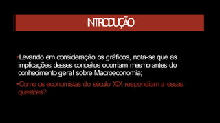 INTRODUÇÃO
•Levando em consideração os gráficos, nota-se que as
implicações desses conceitos ocorriam mesmo antes do
conhecimento geral sobre Macroeconomia;
•Como os economistas do século XIX respondiama essas
questões?
 