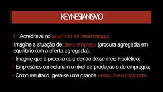 KEYNESIANISMO
3°: Acreditava no equilíbrio de desemprego:
•Imagine a situação de pleno emprego (procura agregada em
equilíbrio com a oferta agregada);
• Imagine que a procura caia dentro desse meio hipotético;
• Empresários controlariam o nível de produção e de empregos;
• Como resultado, gera-se uma grande massa desempregada.
 