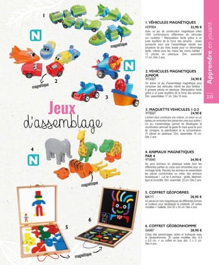 5. COFFRET GÉOFORMES
42 pièces en bois magnétiques de différentes formes
et couleurs pour développer la créativité. 24 cartes
modèles + mallette. Dim.30 x 30 cm. Dès 4 ans.
MA111 28,90 €
Jeux
d’assemblage
On adore ce jeu d’assemblage magnétique pour
composer des véhicules même les plus farfelus !
8 grosses pièces en plastique. Manipulation facile
grâce à un juste équilibre de la force des aimants.
Dim. assemblées 17 cm. Dès 18 mois.
2. VEHICULES MAGNETIQUES
JUNIOR
HT4327 34,90 €
De gros animaux en plastique solide dont les
différentes parties du corps sont aimantées pour un
montage facile. Recréez les animaux en assemblant
les pièces coordonnées ou créez des animaux
fantastiques ! Lot de 4 animaux : girafe, éléphant,
tigre et crocodile. Dim. assemblé. 23 cm. Dès 2 ans.
4. ANIMAUX MAGNETIQUES
PAR 4
HT4940 34,90 €
L’enfant peut construire une voiture, un avion ou un
bateau en emboitant les pièces les unes aux autres !
Ce jeu d’assemblage permet de développer la
coordination œil-mail, le geste fin mais aussi le suivi
de consigne, la planification et la concentration.
15 pièces en plastique. Dim. assemblée 18 cm.
Dès 2 ans.
3. MAQUETTE VEHICULES 1-2-3
HT5027 24,90 €
6. COFFRET GÉOBONHOMME
Créez des personnages variés et loufoques avec
le Géobonhomme. 20 cartes modèles dim. 8,5
x 8,5 cm. + un coffret en bois dim. 3 x 3 cm.
Dès 4 ans.
GA987 28,90 €
1. VÉHICULES MAGNÉTIQUES
Avec ce jeu de construction magnétique créez
1000 combinaisons différentes de véhicules
sur roulettes ! Manipulation facile grâce à un
juste équilibre de la force des aimants : assez
puissante pour que l’assemblage résiste aux
situations de jeu mais dosée pour un démontage
facile, même pour les mains les moins habiles !
12 pièces en plastique. Dim. assemblé
17 cm. Dès 3 ans.
HOP804 32,90 €
Apprendreenjouant
235
1
2
3
4
5
6
magnétique
magnétique
magnétique
magnétique
 