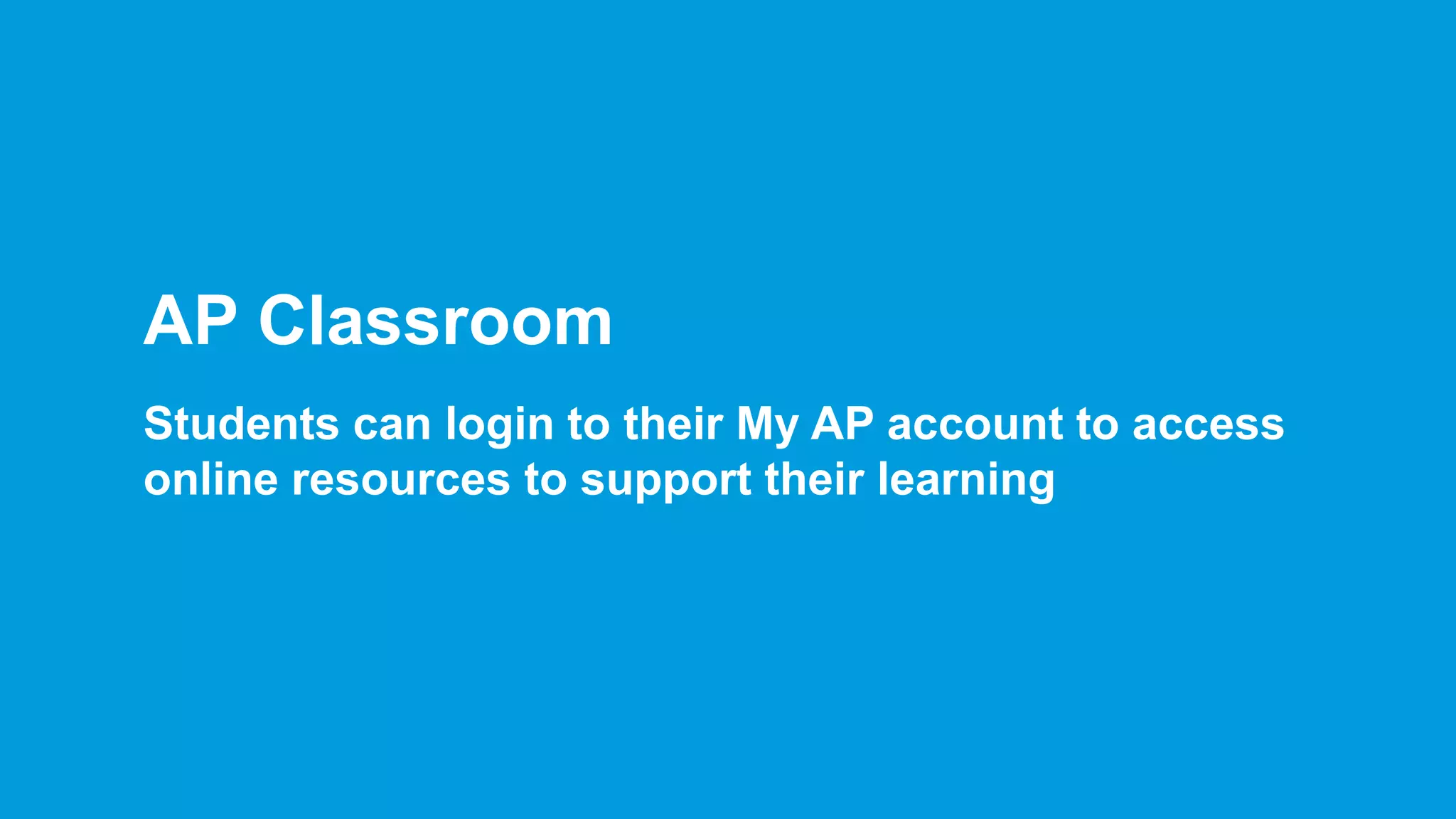 AP Classroom
Students can login to their My AP account to access
online resources to support their learning
 