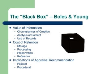 The “Black Box” – Boles & Young Value of Information Circumstances of Creation Analysis of Content Use of Records Cost of Retention Storage  Processing  Preservation Reference Implications of Appraisal Recommendation Political Procedural 
