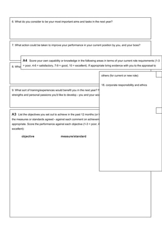 6. What do you consider to be your most important aims and tasks in the next year?
7. What action could be taken to improve your performance in your current position by you, and your boss?
8. What kind of work or job would you like to be doing in one/two/five years time?
9. What sort of training/experiences would benefit you in the next year? Not just job-skills - also your natural
strengths and personal passions you'd like to develop - you and your work can benefit from these.
A3 List the objectives you set out to achieve in the past 12 months (or the period covered by this appraisal) with
the measures or standards agreed - against each comment on achievement or otherwise, with reasons where
appropriate. Score the performance against each objective (1-3 = poor, 4-6 = satisfactory, 7-9 = good, 10 =
excellent):
objective measure/standard score comment
A4 Score your own capability or knowledge in the following areas in terms of your current role requirements (1-3
= poor, 4-6 = satisfactory, 7-9 = good, 10 = excellent). If appropriate bring evidence with you to the appraisal to
support your assessment. The second section can be used if working towards new role requirements.
1. commercial judgement
2. product/technical knowledge
3. time management
4. planning, budgeting and forecasting
5. reporting and administration
6. communication skills
7. delegation skills
8. IT/equipment/machinery skills
9. meeting deadlines/commitments
10. creativity
11. problem-solving and decision-making
12. team-working and developing others
others (for current or new role):
18. corporate responsibility and ethics
 