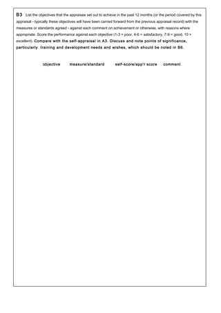 B3 List the objectives that the appraisee set out to achieve in the past 12 months (or the period covered by this
appraisal - typically these objectives will have been carried forward from the previous appraisal record) with the
measures or standards agreed - against each comment on achievement or otherwise, with reasons where
appropriate. Score the performance against each objective (1-3 = poor, 4-6 = satisfactory, 7-9 = good, 10 =
excellent). Compare with the self-appraisal in A3. Discuss and note points of significance,
particularly training and development needs and wishes, which should be noted in B6.
objective measure/standard self-score/app'r score comment
 