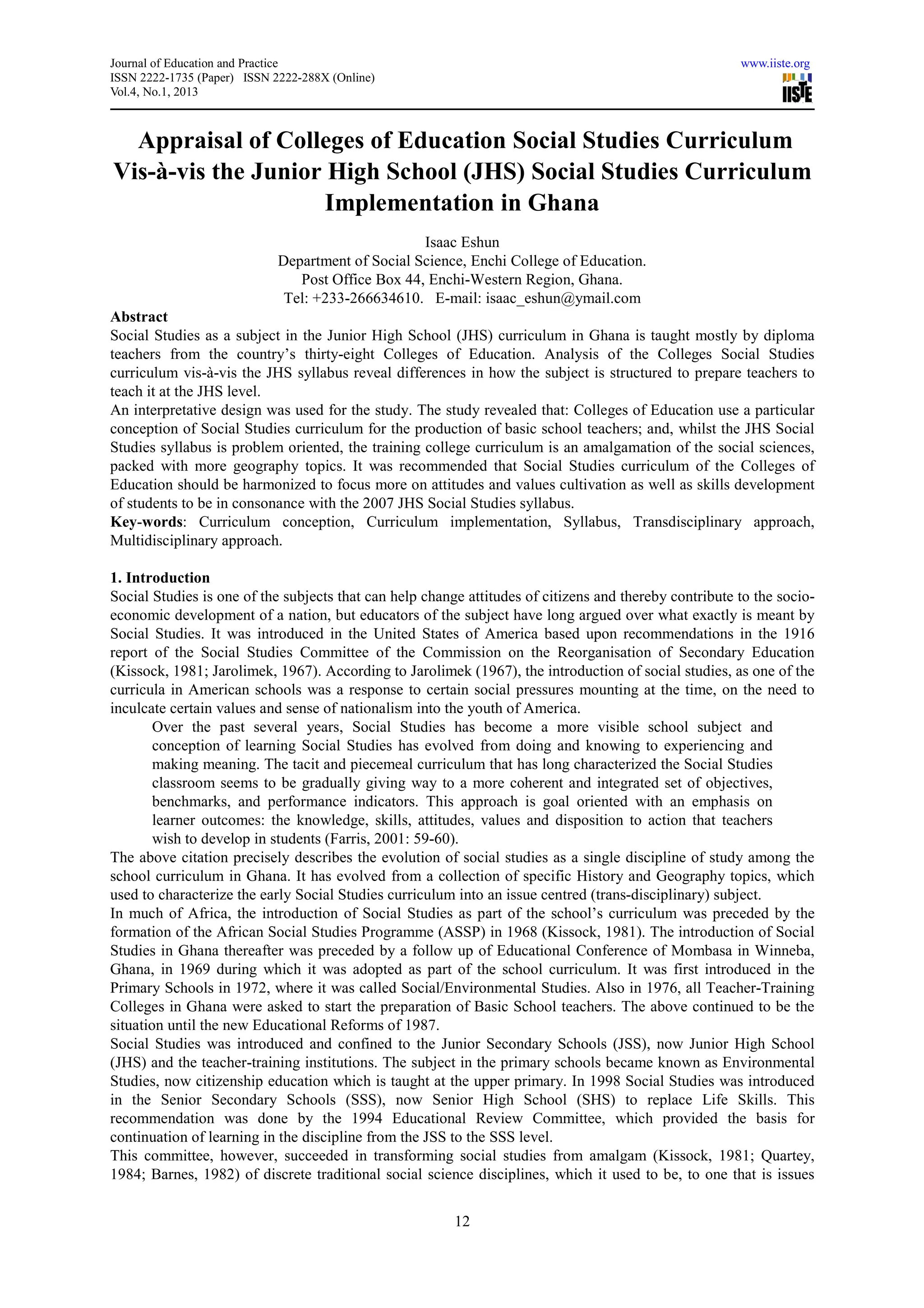 Appraisal of colleges of education social studies curriculum vis àvis