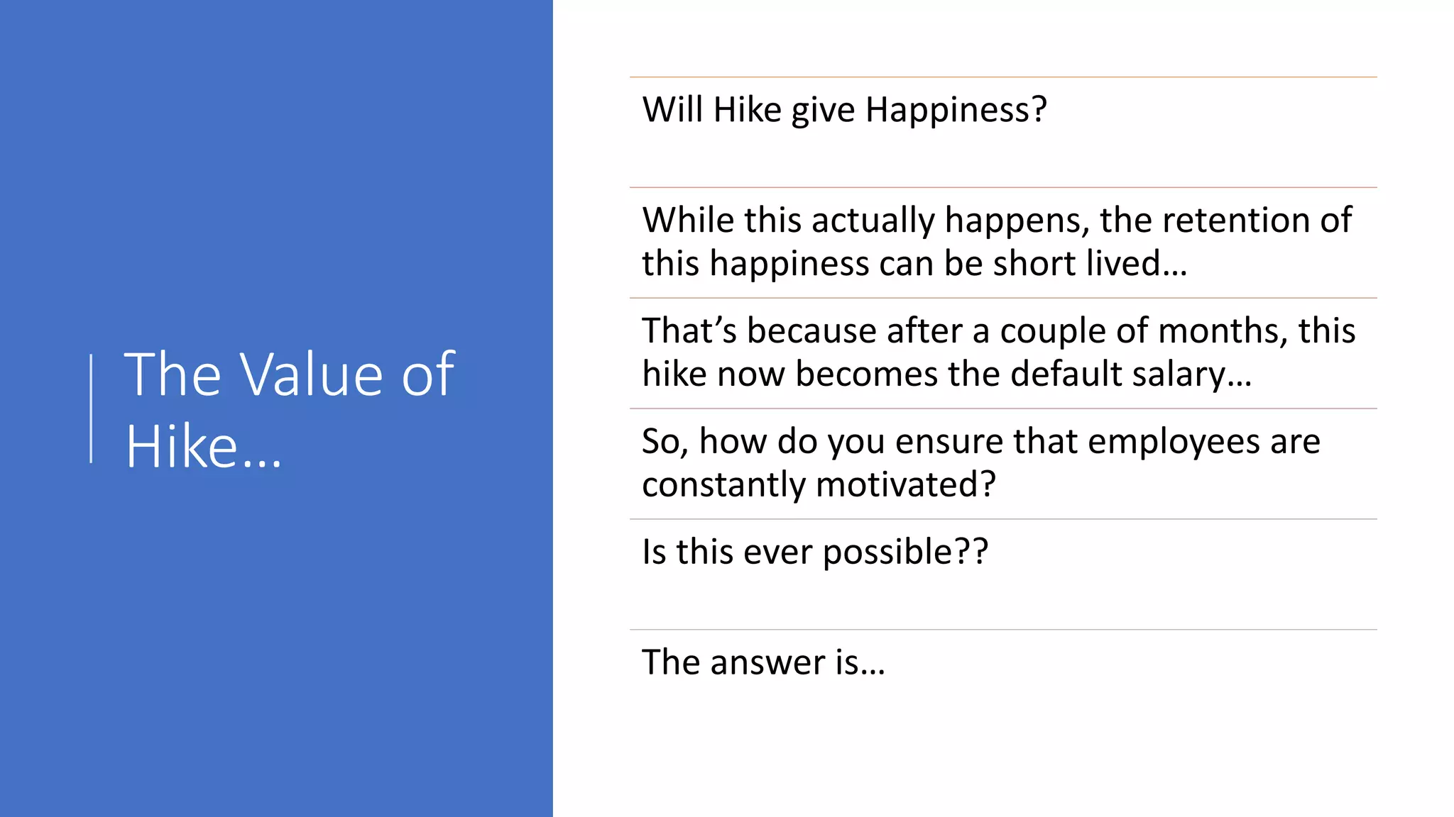 The Value of
Hike…
Will Hike give Happiness?
While this actually happens, the retention of
this happiness can be short lived…
That’s because after a couple of months, this
hike now becomes the default salary…
So, how do you ensure that employees are
constantly motivated?
Is this ever possible??
The answer is…