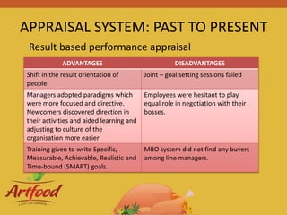 APPRAISAL SYSTEM: PAST TO PRESENT
ADVANTAGES DISADVANTAGES
Shift in the result orientation of
people.
Joint – goal setting sessions failed
Managers adopted paradigms which
were more focused and directive.
Newcomers discovered direction in
their activities and aided learning and
adjusting to culture of the
organisation more easier
Employees were hesitant to play
equal role in negotiation with their
bosses.
Training given to write Specific,
Measurable, Achievable, Realistic and
Time-bound (SMART) goals.
MBO system did not find any buyers
among line managers.
Result based performance appraisal
 