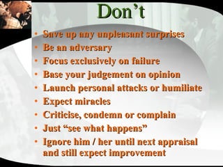 Don’t Save up any unpleasant surprises Be an adversary Focus exclusively on failure Base your judgement on opinion Launch personal attacks or humiliate Expect miracles Criticise, condemn or complain Just “see what happens” Ignore him / her until next appraisal and still expect improvement 