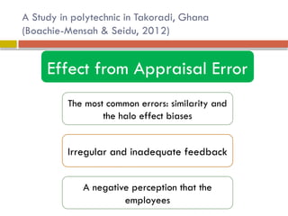 A Study in polytechnic in Takoradi, Ghana
(Boachie-Mensah & Seidu, 2012)
Effect from Appraisal Error
The most common errors: similarity and
the halo effect biases
Irregular and inadequate feedback
A negative perception that the
employees
 