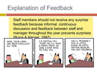 Explanation of Feedback
Staff members should not receive any surprise
feedback because informal, continuous
discussion and feedback between staff and
manager throughout the year prevents surprises
(Boice & Kleiner, 1997).

 