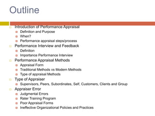 Outline


Introduction of Performance Appraisal






Performance Interview and Feedback








Appraisal Form
Traditional Methods vs Modern Methods
Type of appraisal Methods

Type of Appraiser




Definition
Importance Performance Interview

Performance Appraisal Methods




Definition and Purpose
When?
Performance appraisal steps/process

Supervisors, Peers, Subordinates, Self, Customers, Clients and Group

Appraiser Error





Judgmental Errors
Rater Training Program
Poor Appraisal Forms
Ineffective Organizational Policies and Practices

 