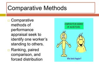 Comparative Methods




Comparative
methods of
performance
appraisal seek to
identify one worker’s
standing to others.
Ranking, paired
comparison, and
forced distribution

 