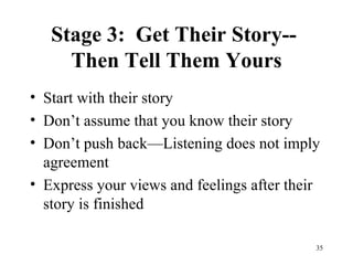 Stage 3:  Get Their Story--  Then Tell Them Yours Start with their story  Don’t assume that you know their story Don’t push back—Listening does not imply agreement  Express your views and feelings after their story is finished 