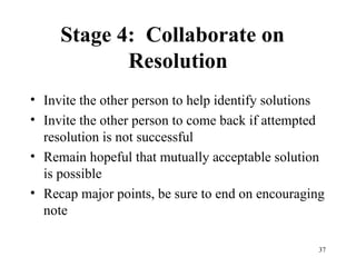 Stage 4:  Collaborate on  Resolution Invite the other person to help identify solutions  Invite the other person to come back if attempted resolution is not successful Remain hopeful that mutually acceptable solution is possible Recap major points, be sure to end on encouraging note 
