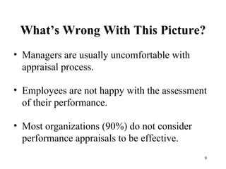 What’s Wrong With This Picture? Managers are usually uncomfortable with appraisal process. Employees are not happy with the assessment of their performance. Most organizations (90%) do not consider performance appraisals to be effective. 