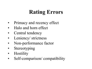 Rating Errors Primacy and recency effect Halo and horn effect Central tendency Leniency/ strictness Non-performance factor Stereotyping Hostility Self-comparison/ compatibility 