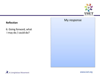 Reflection
6. Going forward, what
I may do / could do?
www.vset.org
My response
 