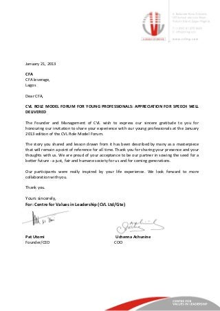 Prof Pat Utomi's Letter of Appreciation to CFA