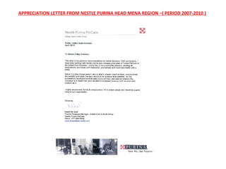 APPRECIATION LETTER FROM NESTLE PURINA HEAD MENA REGION –( PERIOD 2007-2010 ) 