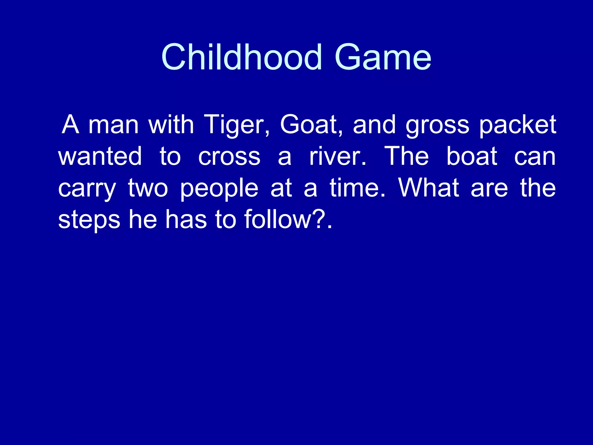 Childhood Game 
A man with Tiger, Goat, and gross packet 
wanted to cross a river. The boat can 
carry two people at a time. What are the 
steps he has to follow?. 
 