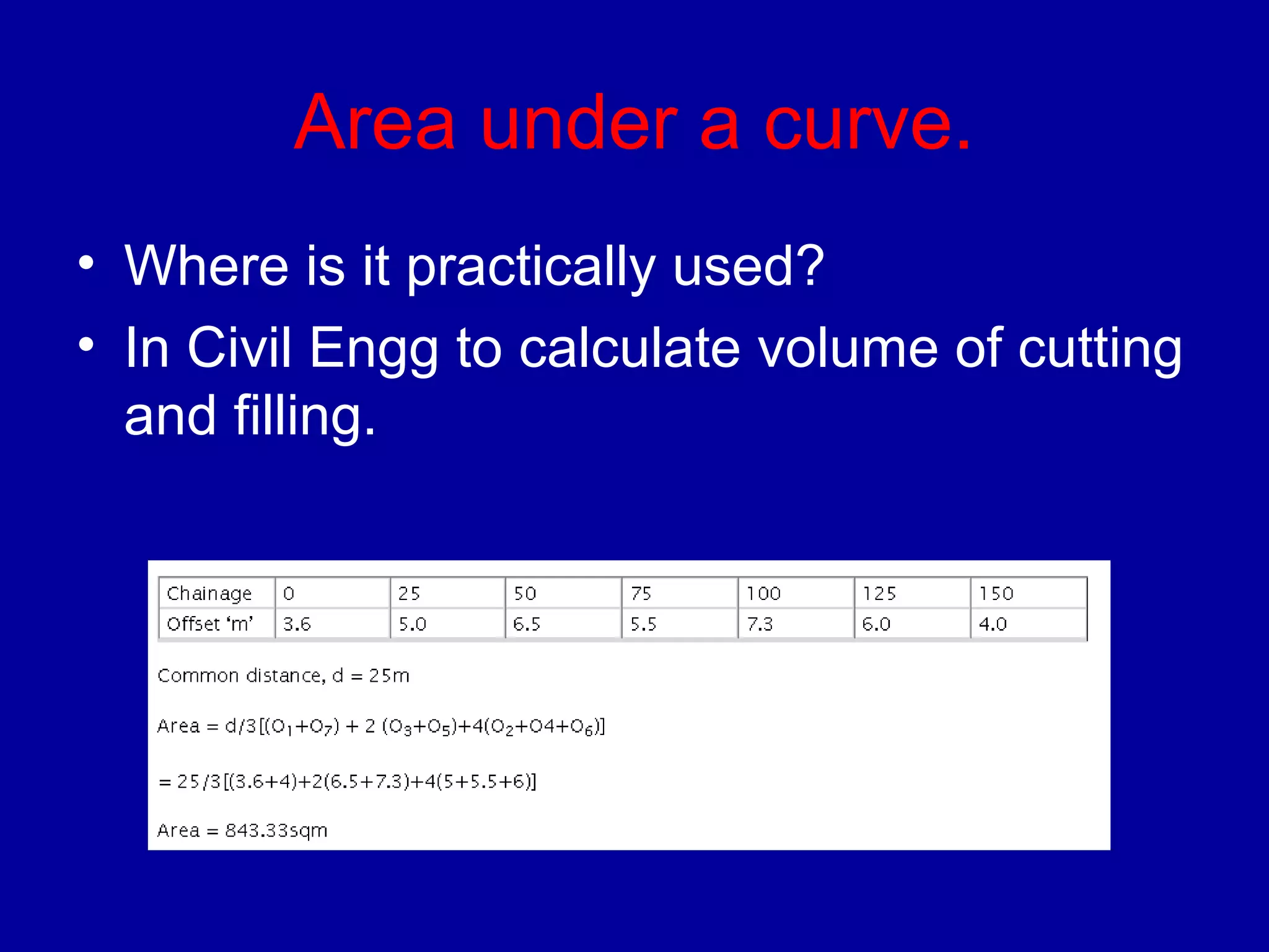 Area under a curve. 
• Where is it practically used? 
• In Civil Engg to calculate volume of cutting 
and filling. 
 